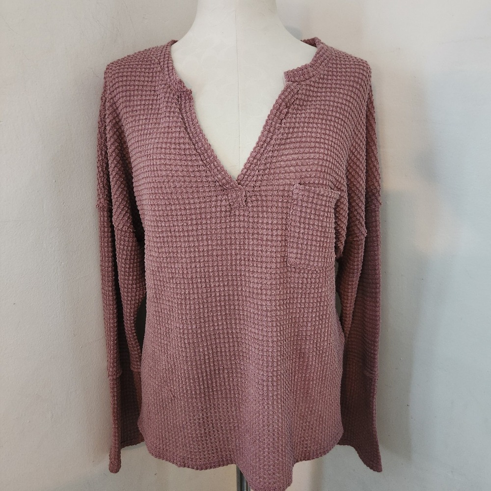 EFAN Womens Waffle Knit Long Sleeve Top Mauve Notched V-Neck Pocket Small